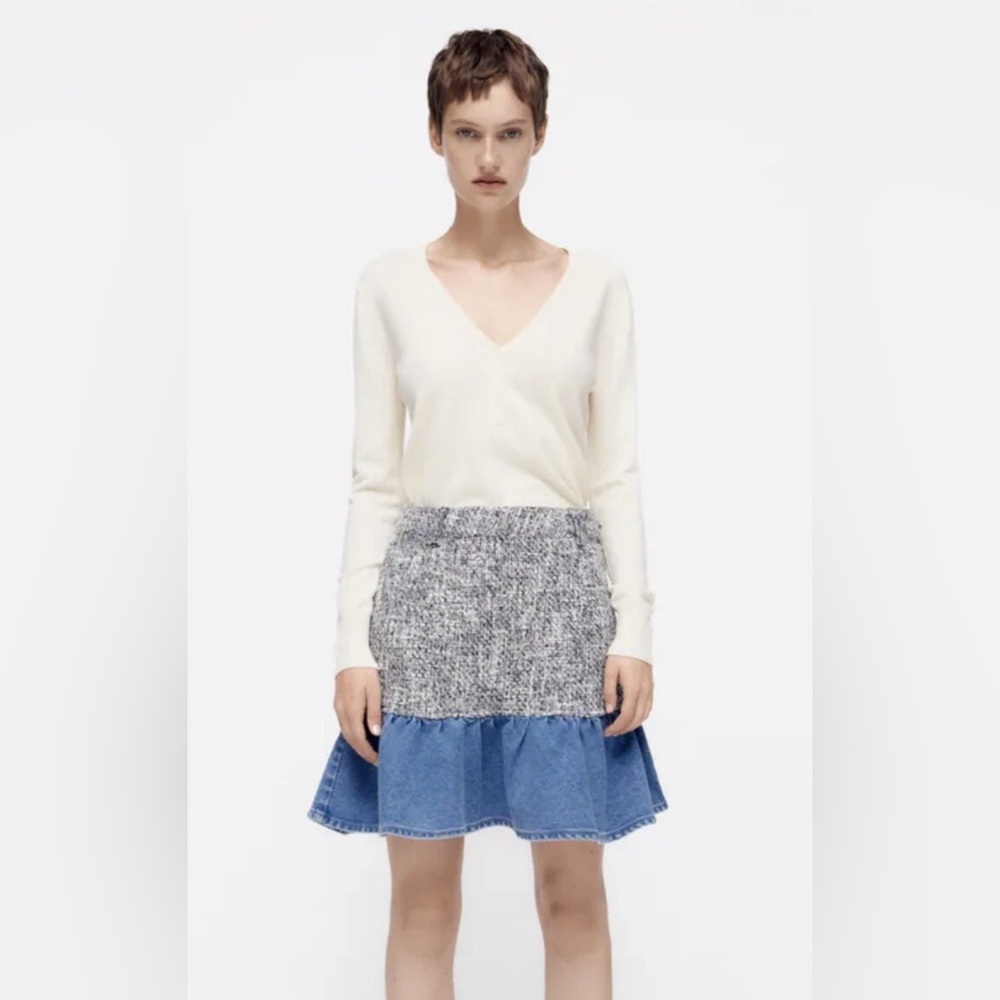 ZARA Denim Tweed Ruffle Hem Flounce Mini Skirt S Side Zipper Bohemian Festival
